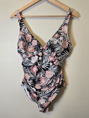 Floral V-Neck One-Piece Swimsuit in Black and Pink